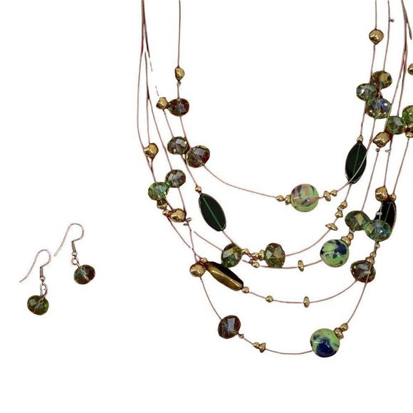 Women’s Lot Glass Bead Necklace Earring Set Green 0350 Layered Tiered 20" - Picture 5 of 11